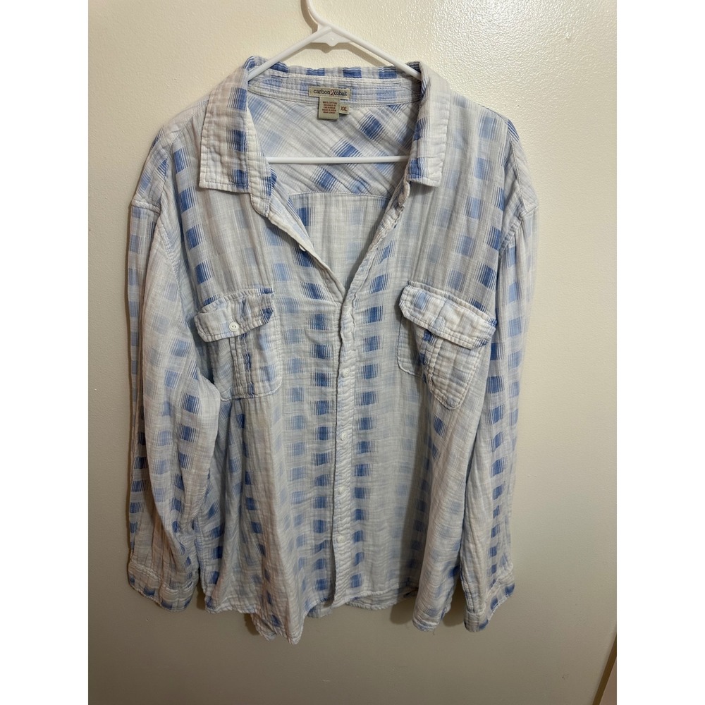 Carbon 2 Cobalt Mens XXL Blue White Plaid Cotton Gauze Button Down Shirt L/S